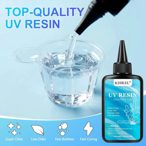 UV Resin Jewelry Making Kit With 200g Crystal Clear Resin pouring into measuring cup, bottle visible beside it