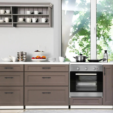 Matte Black Cabinet Pulls 30 Pack Stainless Steel 3 Inch Center To Center Drawer Handles installed on kitchen cabinets.