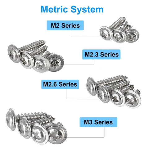 Tiny Phillips Pan Head Self Tapping Screws With Washer 304 Stainless Steel Assortment Kit Micro M2 M2.3 M2.6 M3 sizes displayed.