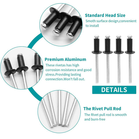 Diagram of All Purpose Aluminum Blind Rivet Kit With Tri Grip Pop Rivets For Kayak Boat Marine Use 3/16 Inch By 1/2 Inch Black Pack Of 100 Rivets Durable Aluminum Body No Plastic Zorveiio showing rivet details.