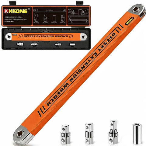 Zero Degree Offset Extension Wrench For Tight Spaces Three Eighths Inch Drive Socket Extender with adapters and case