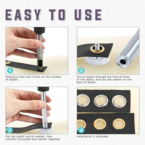 Steps for using All In One 123 Pcs Grommet Eyelet Kit With 60 Washers And 1 Punch Tool For Canvas And Leather Repairs