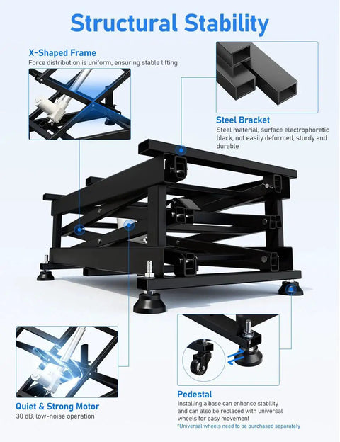 DIHOOL electric scissor lift table with black steel frame and adjustable-height platform, angled view