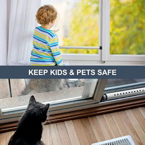 Adjustable Sliding Door Security Bar 17.5 To 50 Inches in use with child and pet by window, highlighting safety
