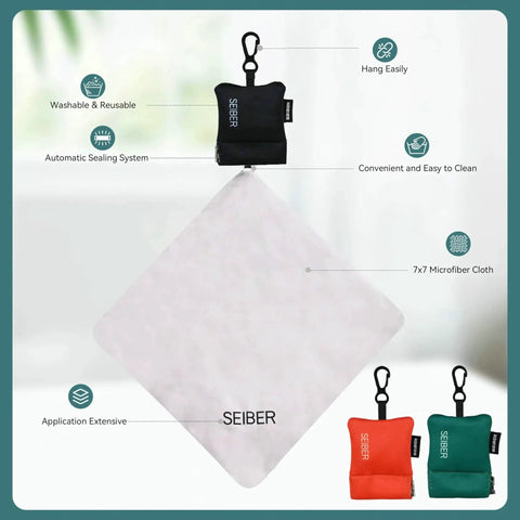 7x7 Inch Microfiber Glasses Cleaning Cloth With Neoprene Pouch, 3 Pack, displayed with features, including black, red, green pouches