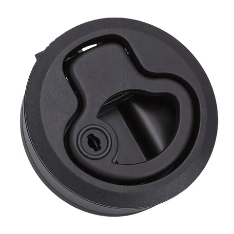 Front view of round black flush-mount boat hatch latch with pull lock and keyhole