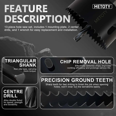 Durable 14 Piece Hole Saw Kit With Mandrel And Accessories For Soft Wood And PVC Board showcasing features and design details