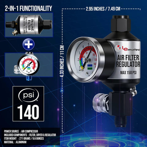 LE LEMATEC air filter regulator with gauge and water separator, 1/4-in NPT inline air line, aluminum body, max 150 PSI