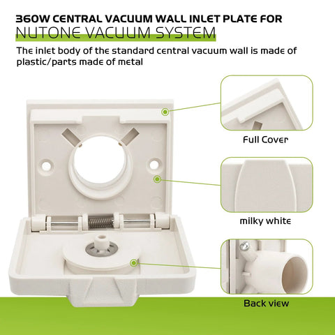 360W central vacuum wall inlet plate in milky white plastic, NuTone compatible, front view with back view detail.