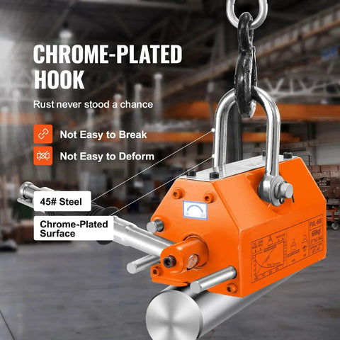 Front view of 1320 Lb Permanent Magnetic Lifter With Release 2.5 Safety Heavy Duty Magnet, showing chrome hook and orange body.