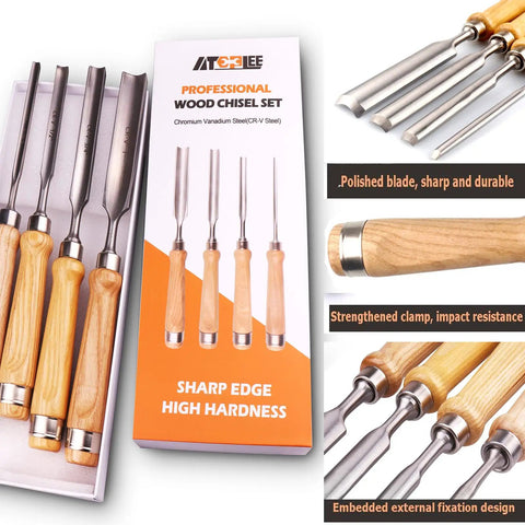 Pro Woodworking Chisel Set For Carving And Precision 4 Piece CR V Steel Chisels With Semi Circular Edge Lightweight Solid Wood Handles Boxed