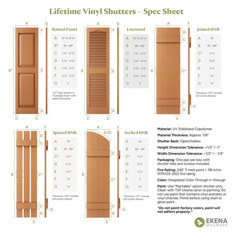 Spec sheet for Lifetime Vinyl Shutters by Ekena Millwork showing various shutter designs, dimensions, and materials.