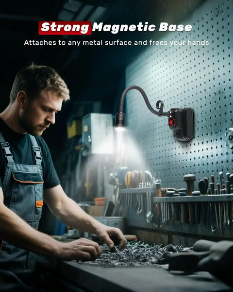 Man using Magnetic Gooseneck Work Light With 4400mAh Rechargeable Battery, 1000 Lumen LED For Workbench, Lathe, 3 Modes, Black.