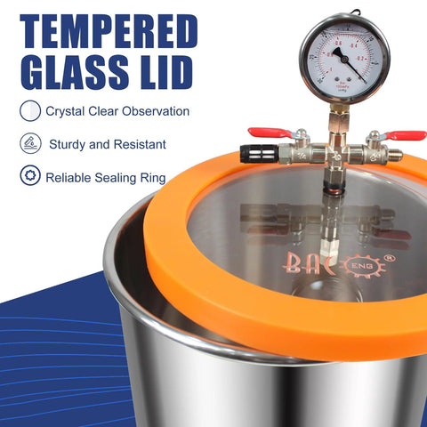 BACOENG 3-Gallon vacuum chamber with tempered glass lid, stainless steel body, orange seal, and pump