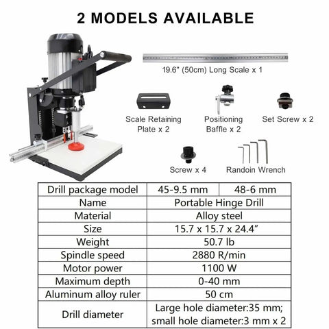 Pro Grade Electric Hinge Drilling Machine For Cabinets And Wardrobes With Adjustable Vertical And Horizontal Alignment 0-40 Mm Punch Depth 2 Set Screws 19.6 Inch Scale Ruler visible in parts and specifications chart.