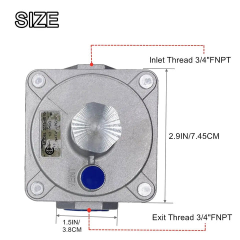 Top view of Natural Gas Pressure Regulator For Grill And Stove Lines With Three Quarter Inch FNPT Inlet, dimensions labeled.
