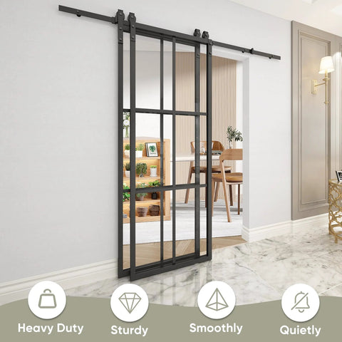 Bypass Double Glass Barn Door Set With 6.6Foot Side Mounted Hardware Kit Two 30x84 Inches Clear Tempered Glass Panels in Aluminum Frame