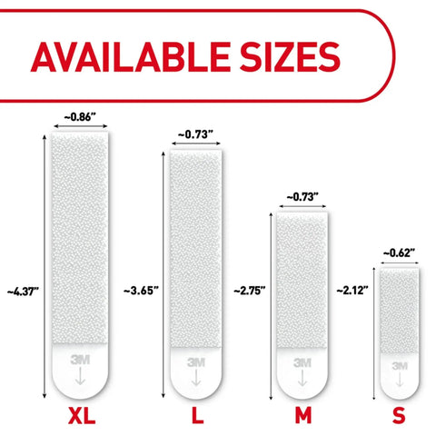 Available sizes chart for Heavyweight Picture Hanging Strips XL 20 Lb 16 Pairs 32 Strips White Adhesive Damage Free Hangers For Frames Up To 24 By 36 Inches No Tools Required Perfect For Home Wall Decor.