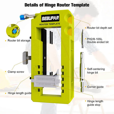 Hinge Mortising Router Template Pro Grade For 3 To 5 Inch Hinges Fits Square And Round Corner Hinges Includes 1/4 Inch And 5/8 Inch Radius Inserts Integrated Jig For Precise Mortises Easy Install details view
