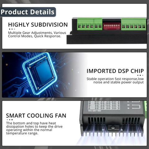 DM542 CNC Digital Stepper Motor Driver details with subdivision, DSP chip, and cooling fan.