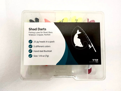 Assorted Darts Fishing Lures Kit with 1/4 Oz Bucktail Jigs, 25 Pack in 5 Colors, packaging front view