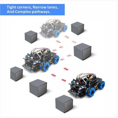 Mecanum Wheels Omni Directional Robot Car Kit for Arduino Mega2560 demonstrating movement through obstacles in a learning environment.