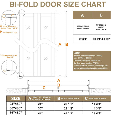 Bi-fold door size chart for White One Side Mirrored Bifold Closet Door Kit With DIY Friendly Easy Install Hardware For 32 By 80 Opening, Preassembled Panels For Pantry Laundry Or Bathroom, Shatter Resistant Tempered Mirror With Anti Corrosion Frame