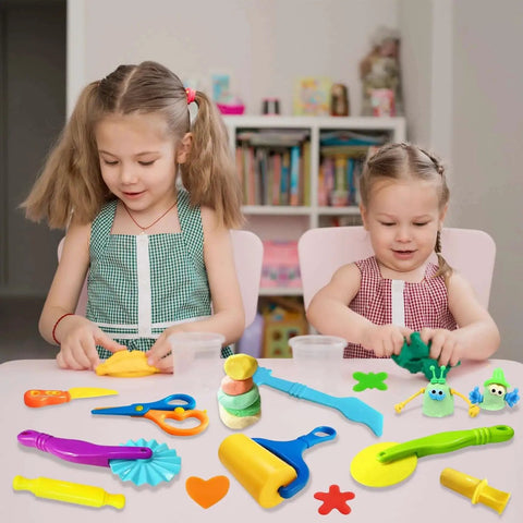 Two girls playing with a Creative 28 Piece Dough And Clay Tools Kit For Kids With Animal Cutters Rolling Pins Safety Scissors Dough Extruder And Rollers