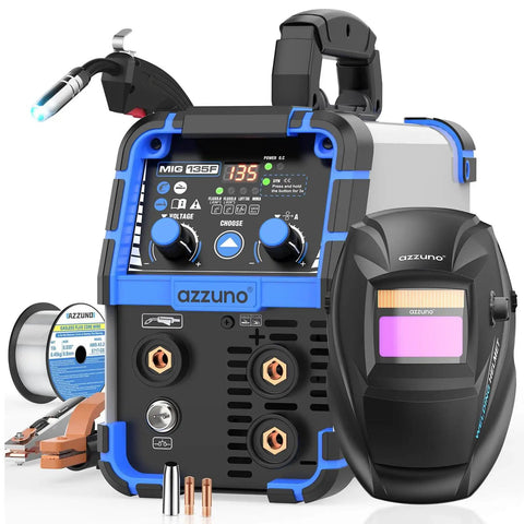 Front view of 3 In 1 MIG TIG Stick Welder 135A 110V Flux Core Gasless Portable Wire Feed Welder with auto-darkening helmet and accessories.