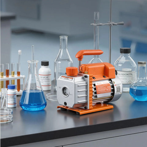 VEVOR 3-gallon vacuum chamber with pump, orange and silver unit on lab bench among glassware and blue liquids.