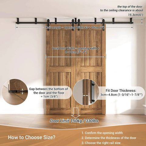 Black 7 Ft Ceiling Mount Sliding Barn Door Hardware Kit With L Shape Brackets For Low Ceiling Spaces, installed on wood doors