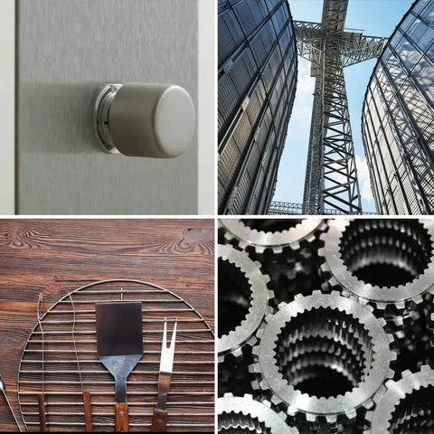 Collection of industrial and home items including a metal switch, architectural structure, barbecue tools, and metal gear parts.