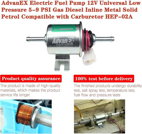 12V Inline Electric Fuel Pump Low Pressure 5-9 PSI For Gas And Diesel Universal Fit Metal Solid Body Compatible With Carburetors