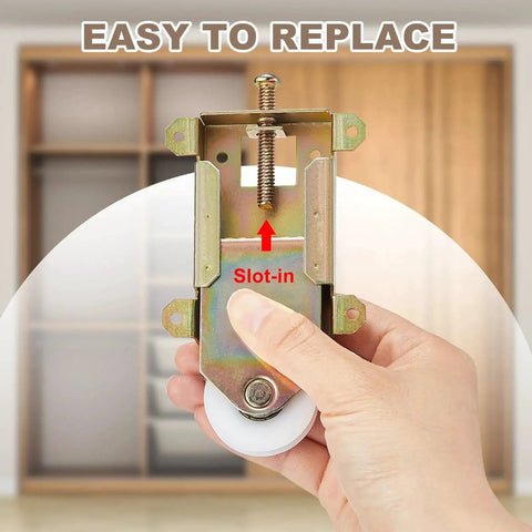 Hand holding 4 Pack 2-1/2 Inch Sliding Mirror Closet Door Roller Wheels Replacement Assembly with nylon wheel against closet