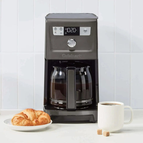 14 Cup PerfecTemp Programmable Coffee Maker With Glass Carafe And 1 4 Cup Setting Brew Strength Control Brew Pause And Over Ice Function In Black Stainless Steel on kitchen counter with cup of coffee