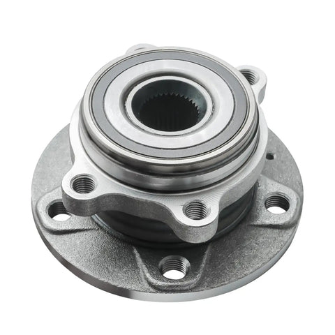 All In One Front And Rear Wheel Bearing Hub Assembly Kit For VW Beetle CC Golf Eos GTI Jetta Passat Tiguan And Audi TT Q3 With ABS Precision Fit 32mm Bearings 4 Bolt Flange ABS Compatible Direct Replacement For A Wide Range Of VW And Audi Models close-up view of metal hub component with visible bearings and bolt holes.