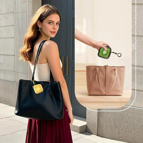 Woman carrying a black bag with Two Pack Portable Lens Wipes Tin Case attached, showcasing easy storage and portability for eyeglasses cleaning.