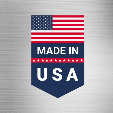 Made in USA label with American flag on a metallic background.