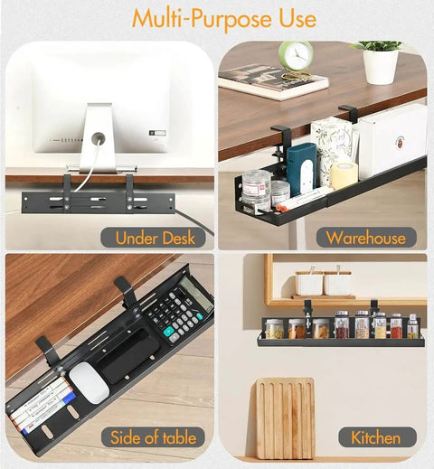 Under Desk Cable Management Tray With 17 To 30 Inches Retractable Cord Organizer used in office, warehouse, and kitchen settings.