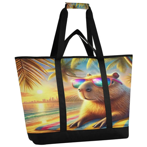 Capybara Beach Tote Bag For Women With Zipper Insulated Cooler Bag featuring a capybara wearing sunglasses on a sunset beach scene.