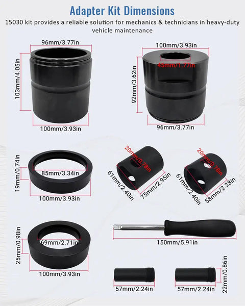 Adapter components showing dimensions for the Leaf Spring Pin And Bushing Adapter Service Tool Kit For Heavy Duty Semi Trucks And Equipment Works With Pins And Bushings Starter Set For Quick On Vehicle Removal And Installation.