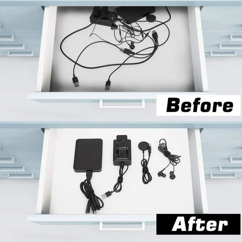 Before and after drawer organization using 150 Piece Reusable Cable Ties Set With 4, 6, 8, 10 Inch Hook And Loop Straps.