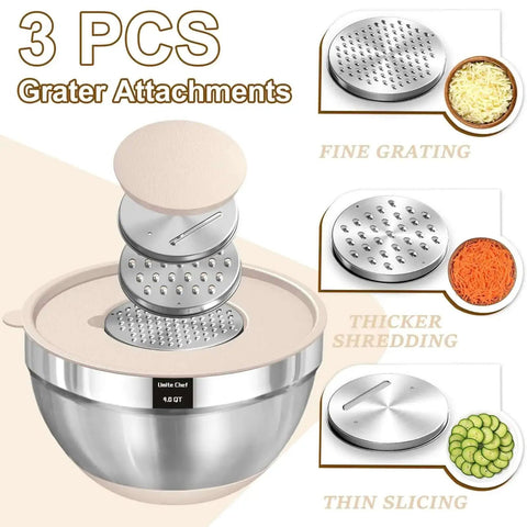 Eight Piece Khaki Stainless Steel Nesting Mixing Bowls With Airtight Lids And Three Grater Attachments shown with fine grating, thicker shredding, and thin slicing functionality.