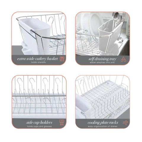 Features of 3 Piece Dish Rack Set with Cutlery Basket and Drainboard Tray Self Draining Open Wire Countertop Drying Rack in Chrome White