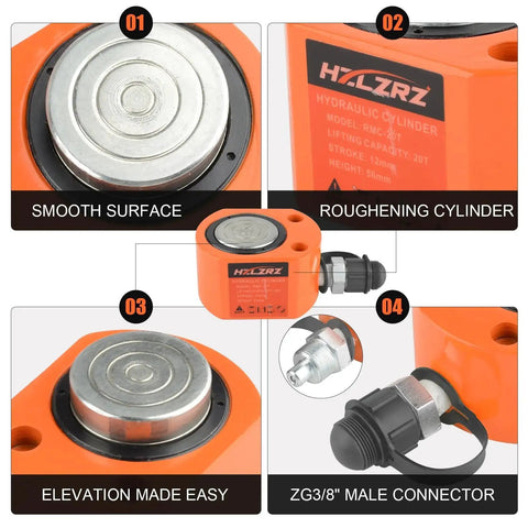 Orange HZLZRZ 10-ton hydraulic cylinder jack with CP-180 hand pump and Porta Power kit, includes ZG3/8" male connector.