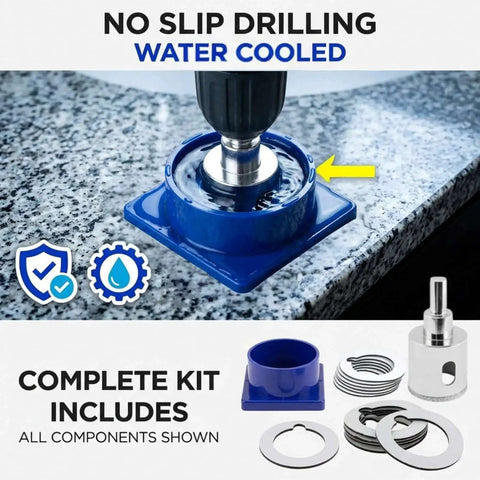 1-3/8 Inch Diamond Hole Saw Kit With Water Delivery And Guide For Granite And Quartz Countertops Ceramic Porcelain And Glass Tile Drill Bit Heavy Duty 3/8 Inch Shank Beast Mode Drilax (water cooling feature shown)