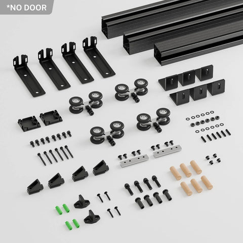 Ceiling Mount Box Rail Barn Door Hardware Kit For Double Doors, aluminum sliding system parts laid out, 330 lbs capacity