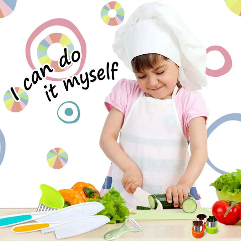 Child using Kids Kitchen Knife Set Nine Pieces For Real Cooking With Cutting Board Y Peeler Crinkle Cutter Sandwich Cutter And Serrated Plastic Toddler Knives Safe For Little Chefs.