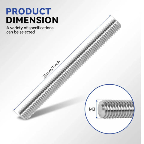 M3 Stainless Steel Threaded Rods Kit 24 Pcs 26mm With Nuts Right Hand Thread, showing rod dimensions and thread detail.