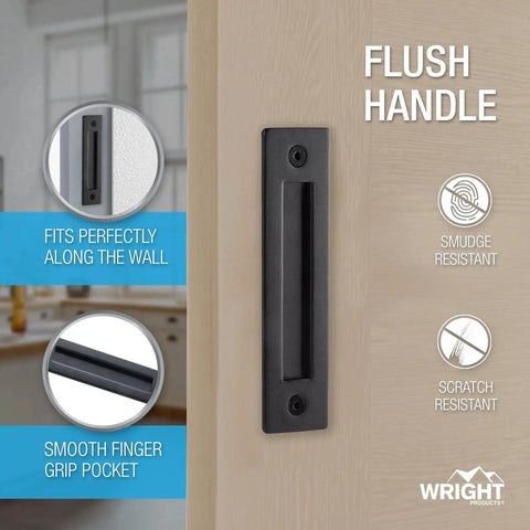 Matte Black Sliding Barn Door Handles Set, 2 Pack With Hardware Kit For Interior Use, shown flush mounted on door, sleek modern finish